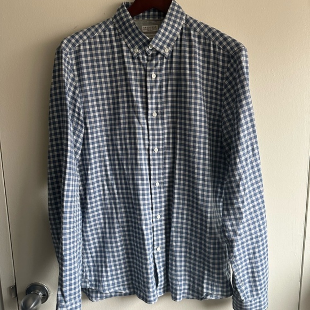 Brunello Cucinelli Slim Fit Blue and White Checkered Oxford US M